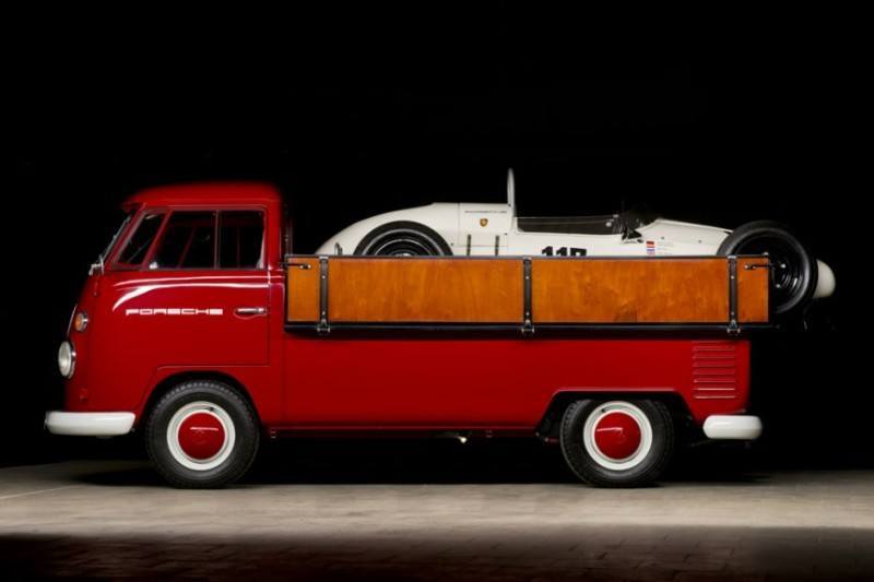 Red VW Bus Converted to Hold A Race Car